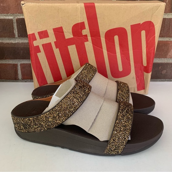 Fitflop Shoes - Fitflop Womens Fino Quartz Gold Shimmer Slide Sandals Shoes US 10 M NEW